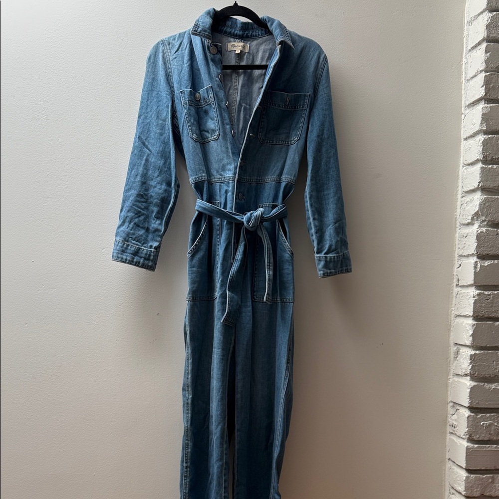 Madewell Blue Denim Belted Jumpsuit